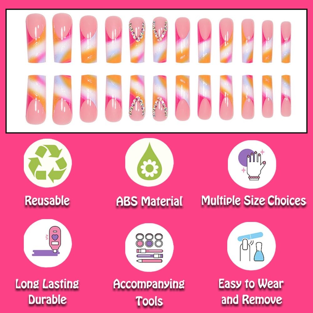 French Tip Press on Nails Long Square Ballet Fake Nails Orange on Nails with …