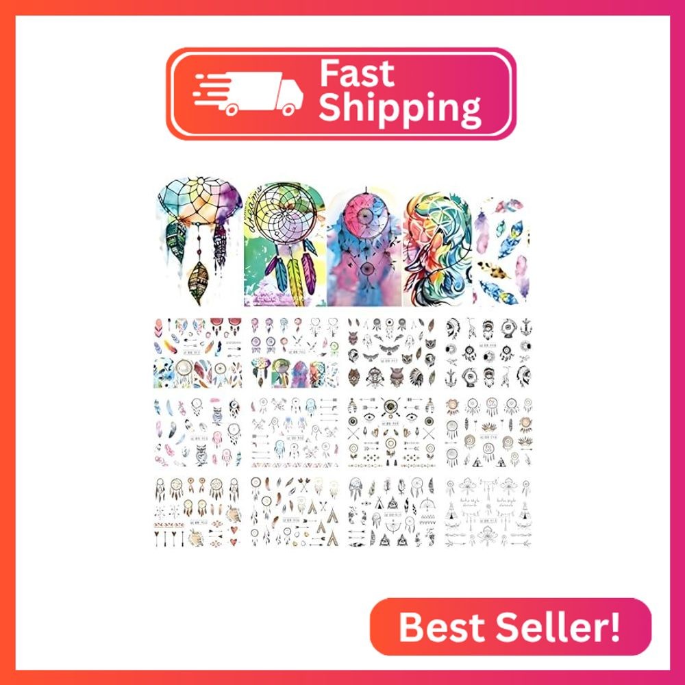 12 Sheets Feather Nail Art Stickers Decals Water Transfer Arrows Nail Decals Col
