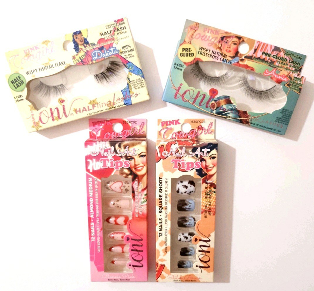 NIB Ioni Pink Cowgirl Press On Nails & 3D Mink Half Lash Handmade Eyelashes Set