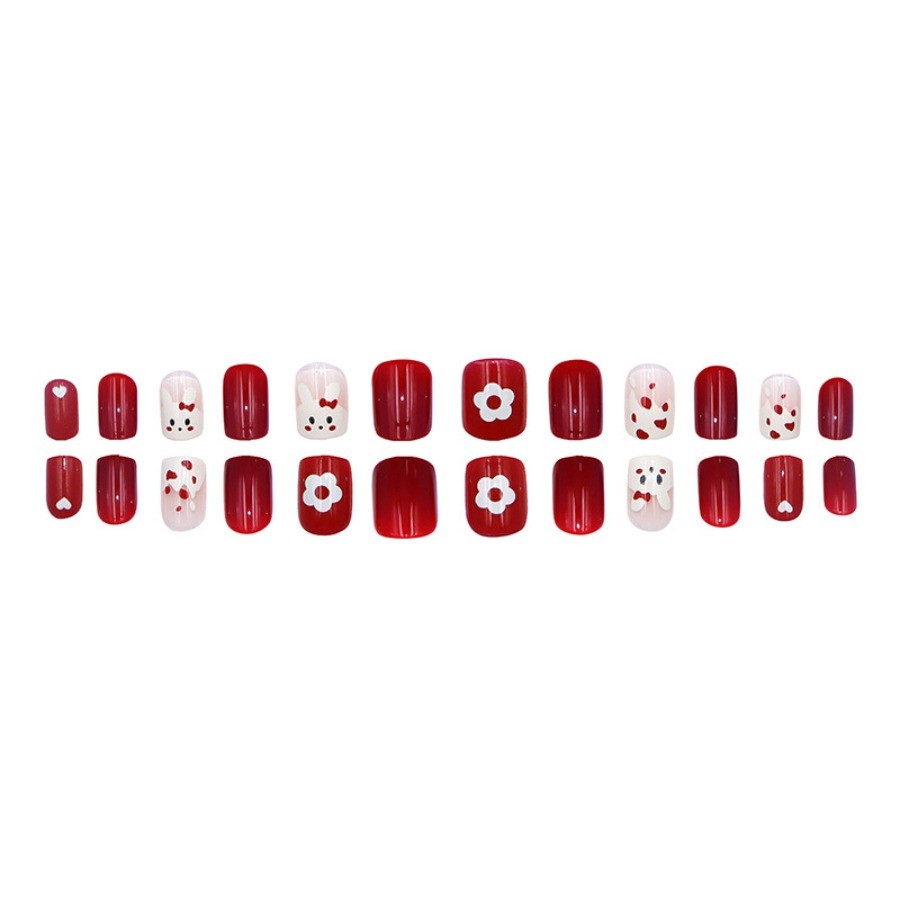 48Pcs Short Square Press on Nails,Wine Red Hand-Painted Bunny Flower False Nails