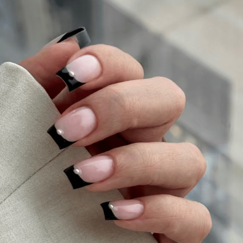 48pcs Short Square Press on Nails, Black French Pearl Nude Gloss Casual Nails