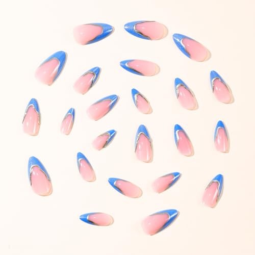 Blue French Tip Press on Nails Medium Almond Cat Eyes with Style-01
