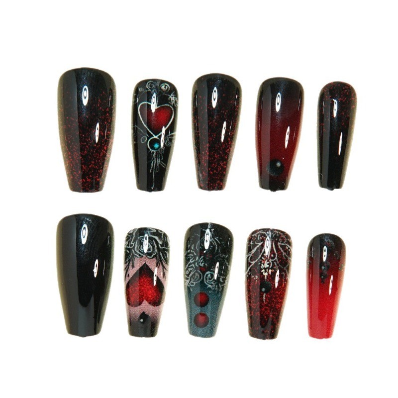 48 Pieces of Long Ballet Black Red Heart-shaped Rose Metal Reusable Nail Art