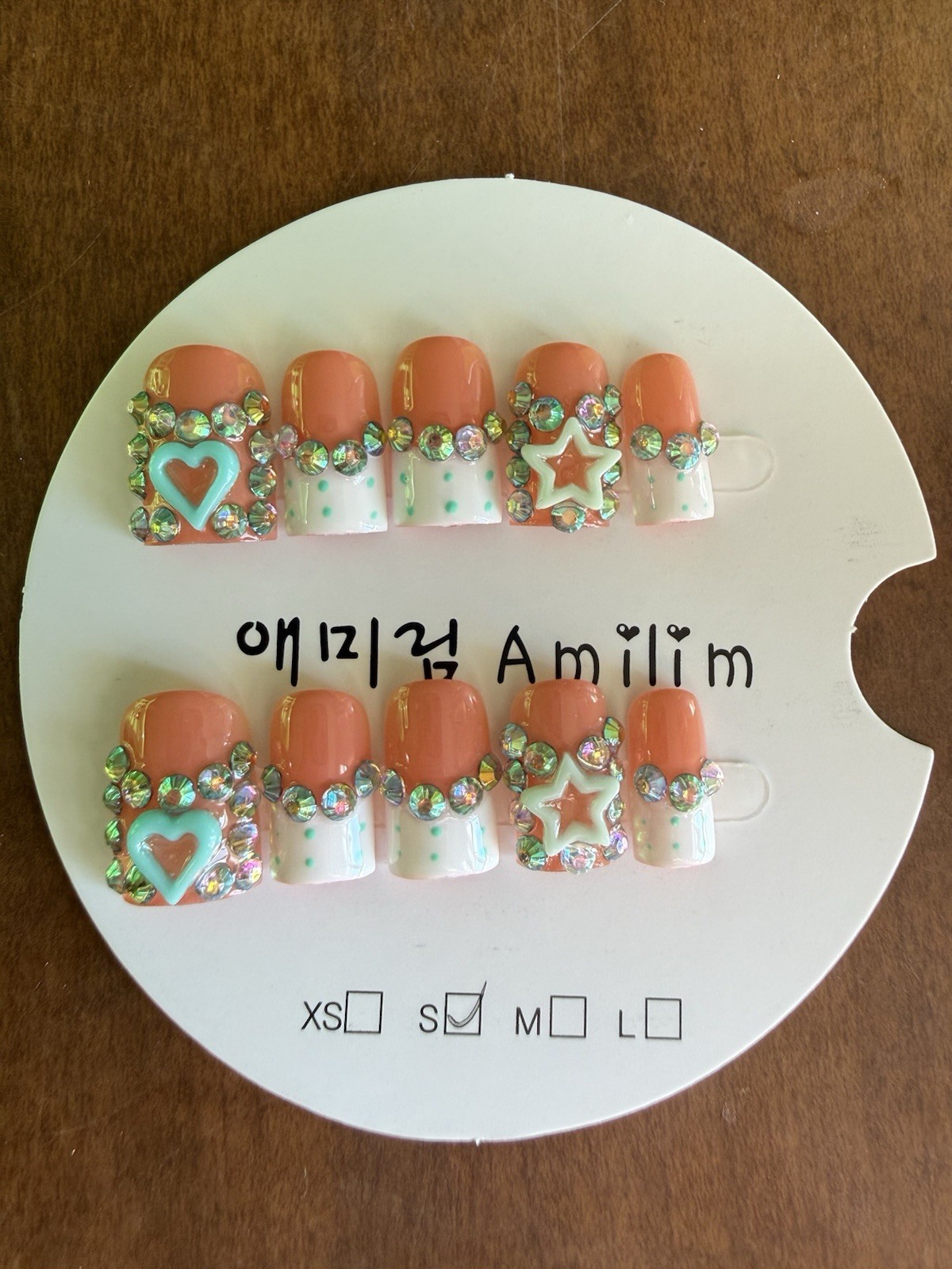Amilim Press-On Nails Short Square Peach White Green 3D Heart Star Pre-Designed