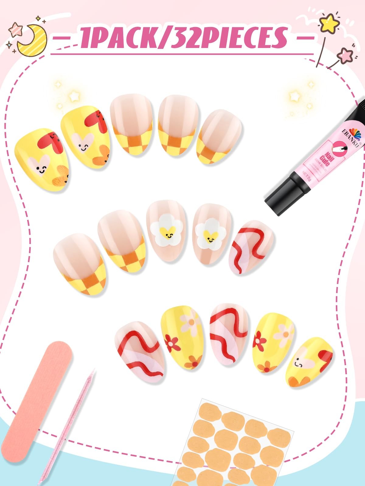EBANKU 32 Pieces Kids Stick On Nails Girls, Fake Set Self Adhesive C/1P