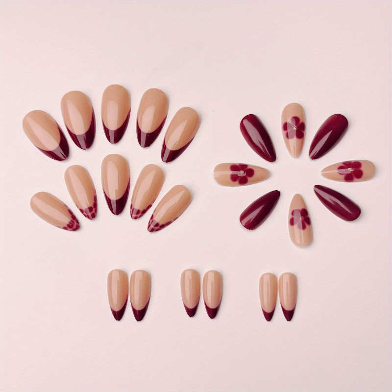 48P Short Almond Press on Nails, Wine Red Swirl French Luxury Fake Nails