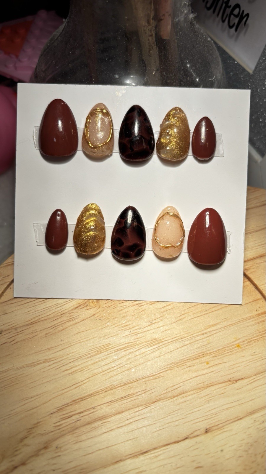 Almond Mixed Design Shiny Press-On Nails Brown Gold Nude Black Medium