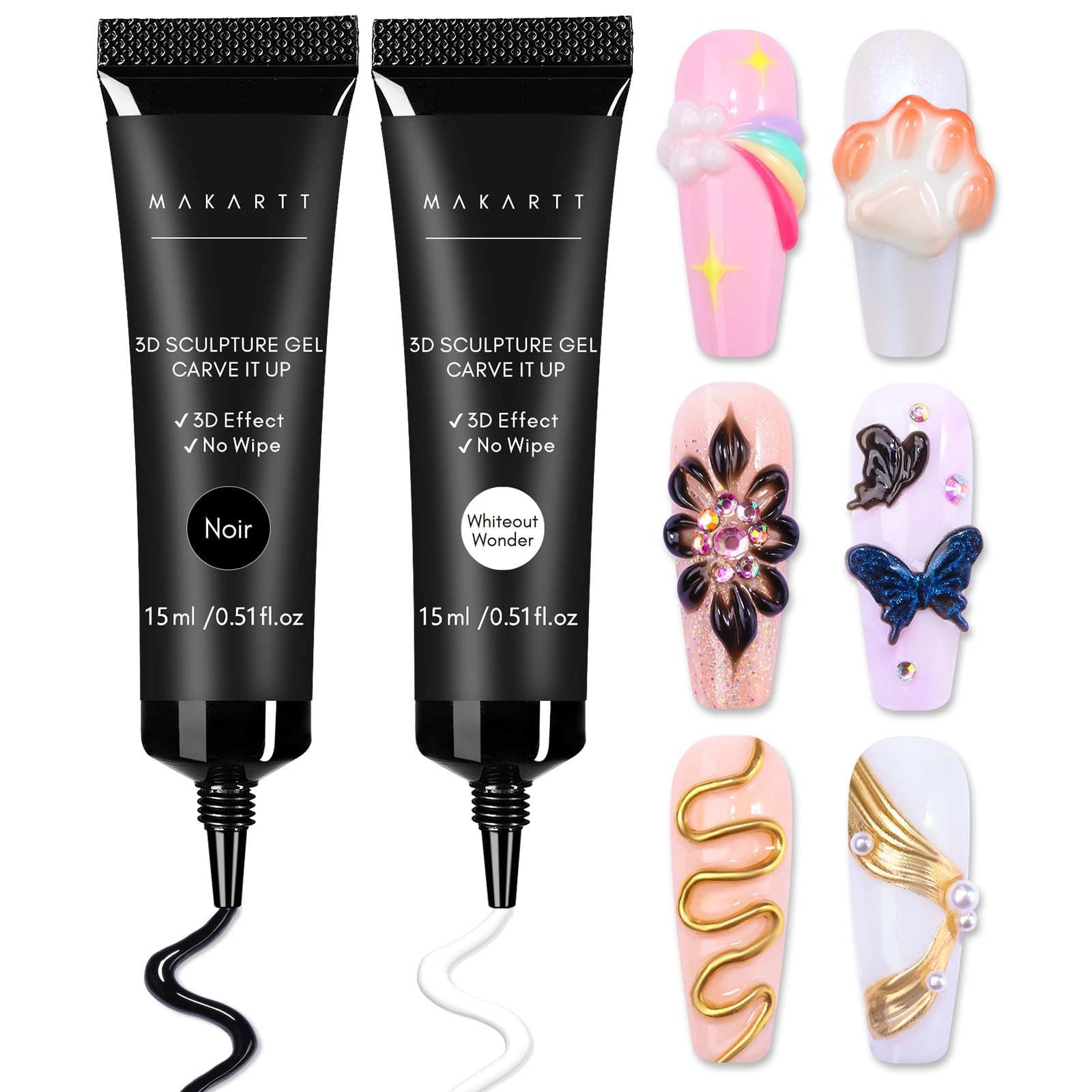 3D Gel Nail Art Set – White & Black Sculpting Molding Gel, No Wipe Embossed Poli