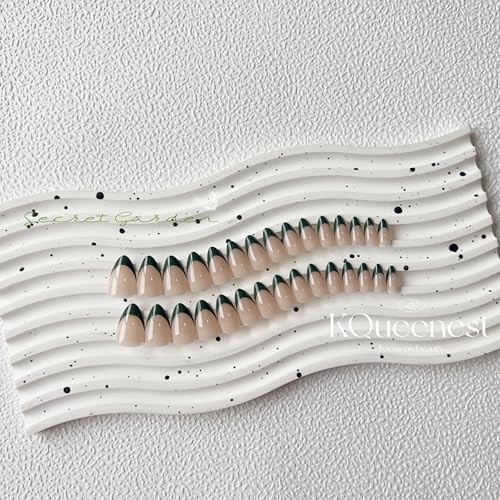 30 Pcs Dark Green French Tip Press on Nails Short Almond almond dark green