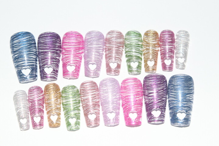 Chrome Rainbow with Heart tips- press on nail set- Set of 18 sizes 0-8