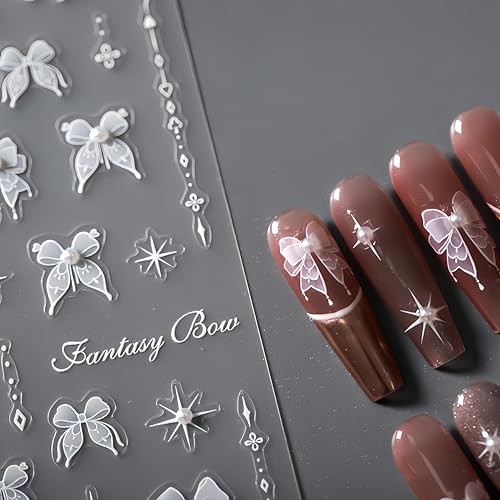 Lace Bow-Knot Nail Art Stickers 5D Embossed White Lace Pearl Bow Nail Stickers