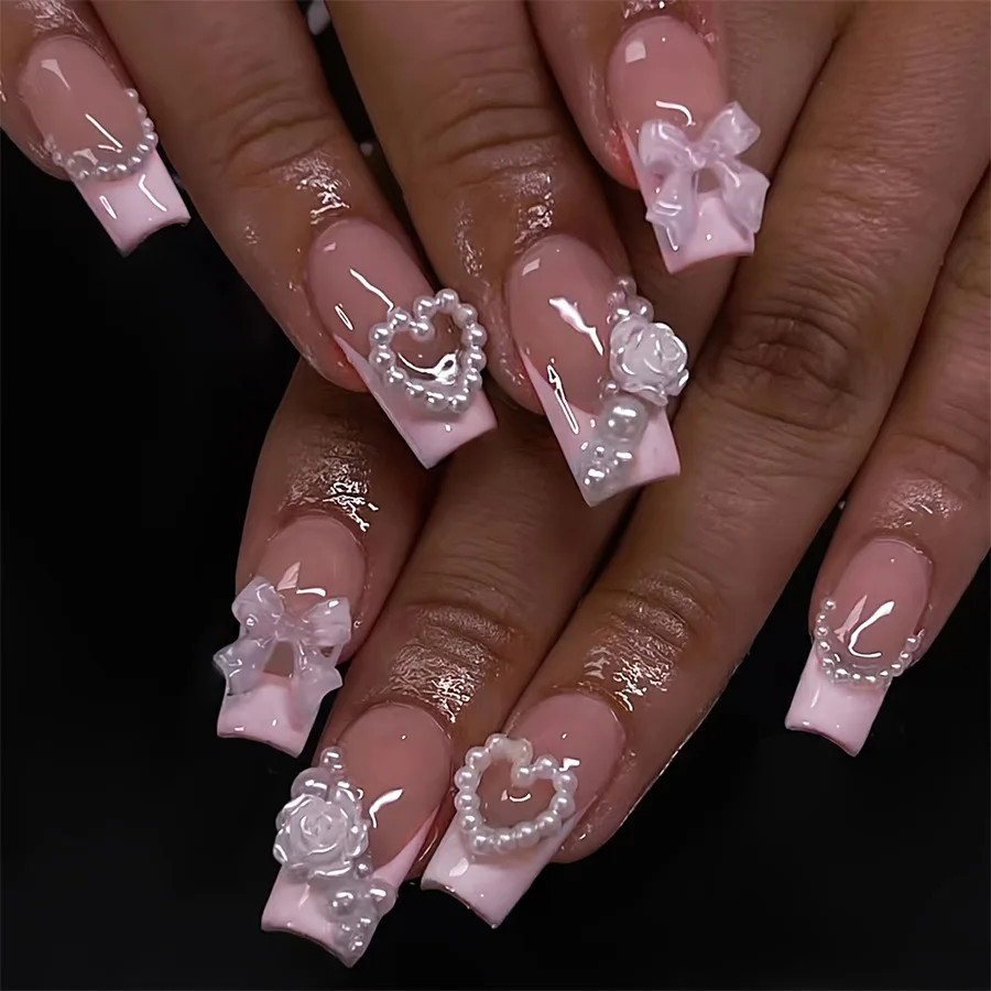 24Pcs French Bow 3D Flower Coffin Ballet Bride Press On Nails