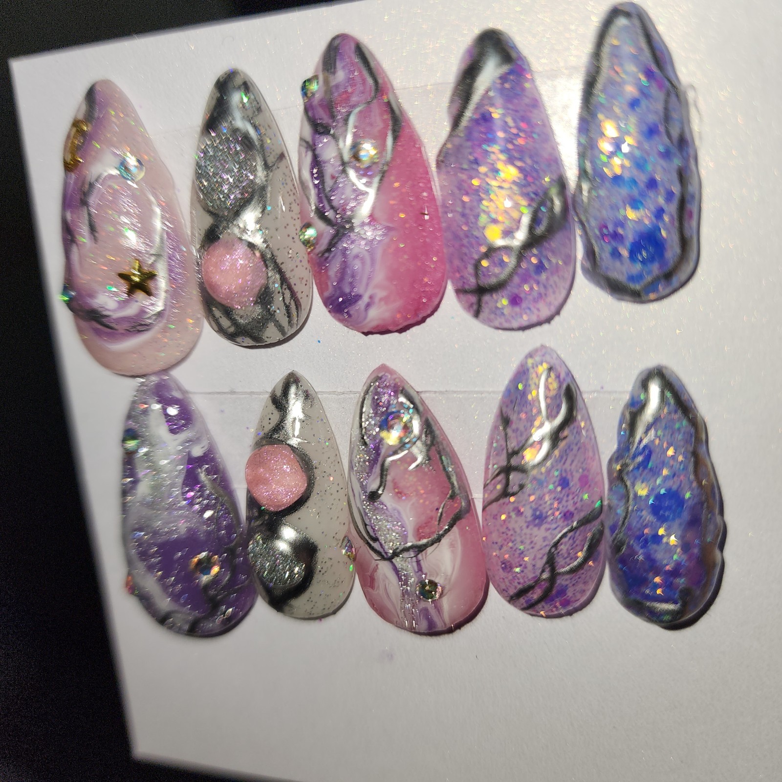 Handmade Medium Size Medium Length Stiletto Acrylic Press-ons W/Chrome Celestial