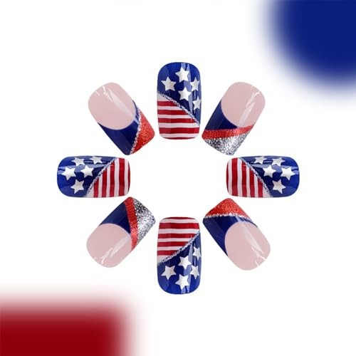 4th of July Press on Nails Short Square Short Square Star Glitter Red Blue