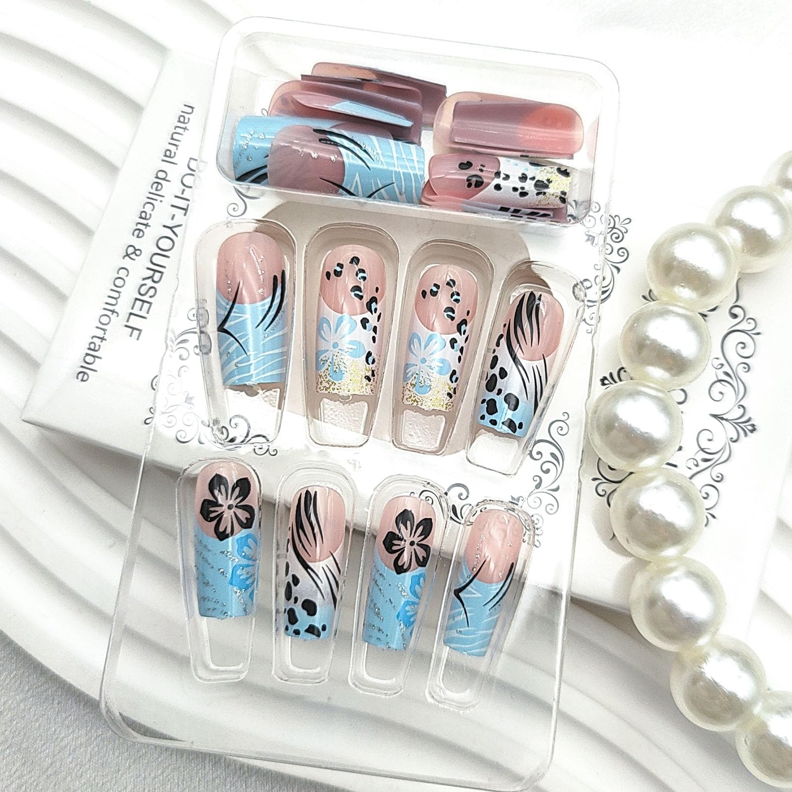 French Tip Long Press on Nails Almond Fake Nails with Leopard Flower Lines Gl…