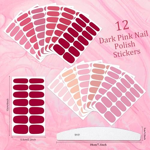 12 Sheets 168 Pieces Solid Color Nail Polish Strips, Self-Adhesive Dark Pink