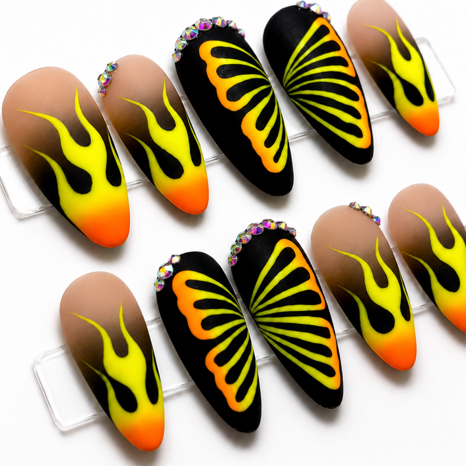 Handmade Neon Flame Butterfly Press On Nails Black Green Almond Set