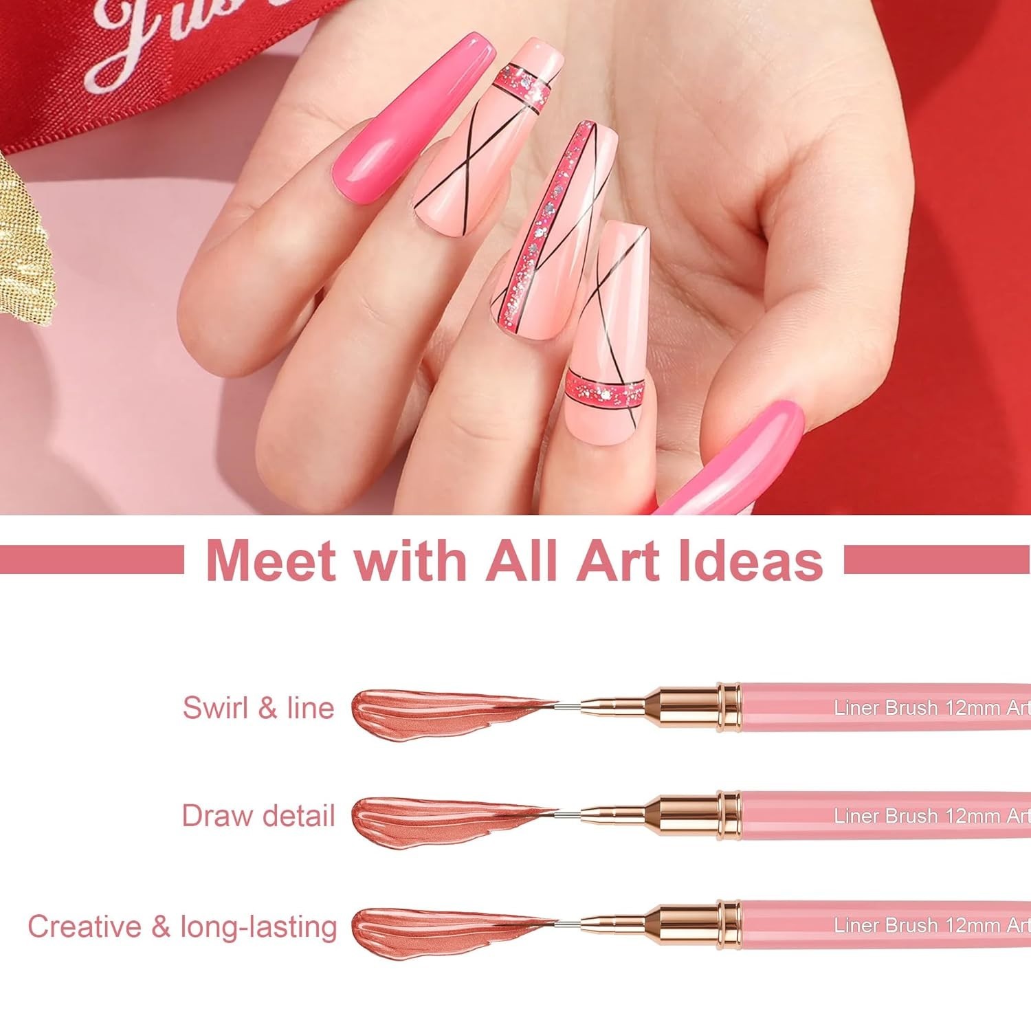 5PCS Pink Metallic Nail Art Pens – Precision Liner Brushes for Intricate Designs