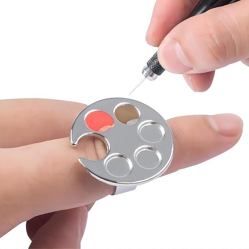 Silver Metal Mini Manicure Palette, Paint Palette Finger Rings, Wearable Metal N