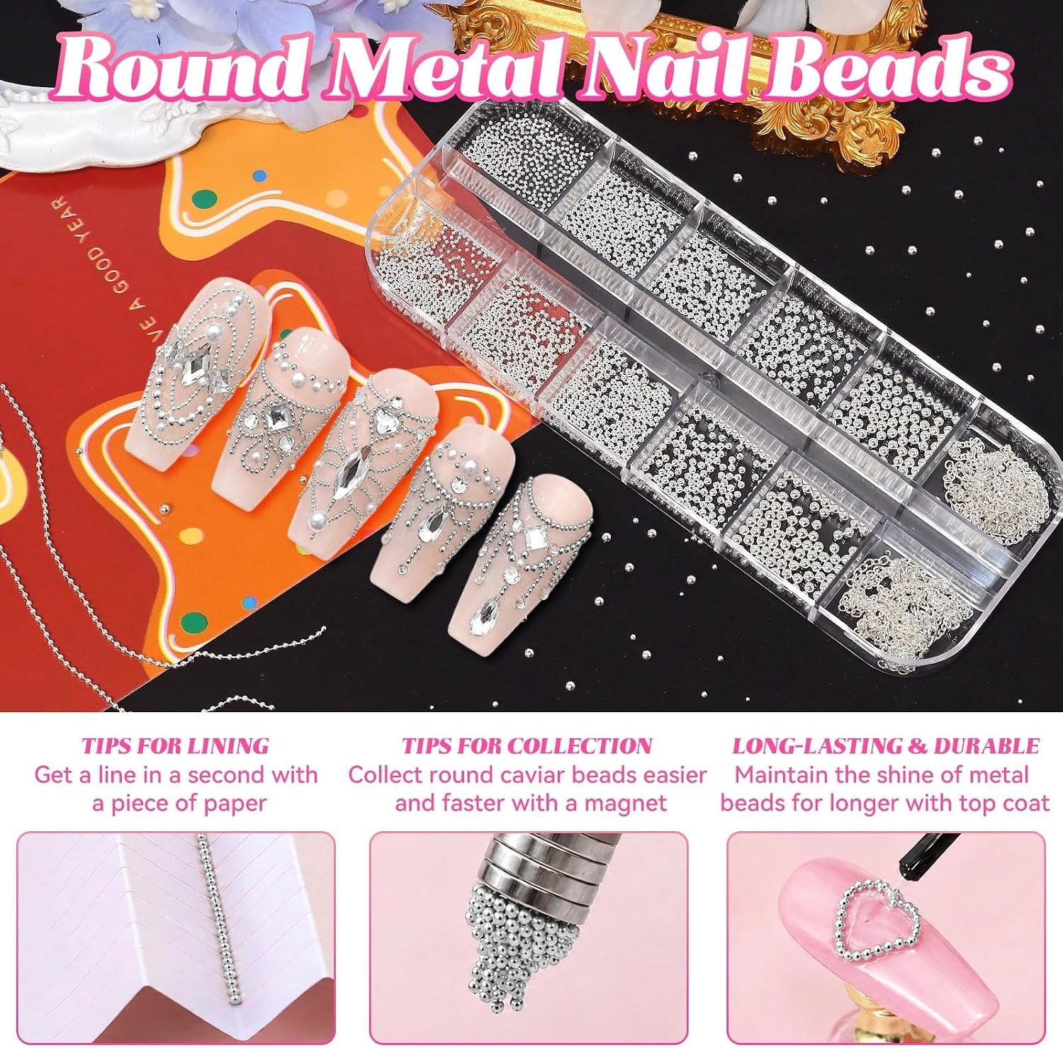 Silver Caviar Nail Beads 0.8-2Mm, Nail Chains & Metal Beads Acrylic Nails