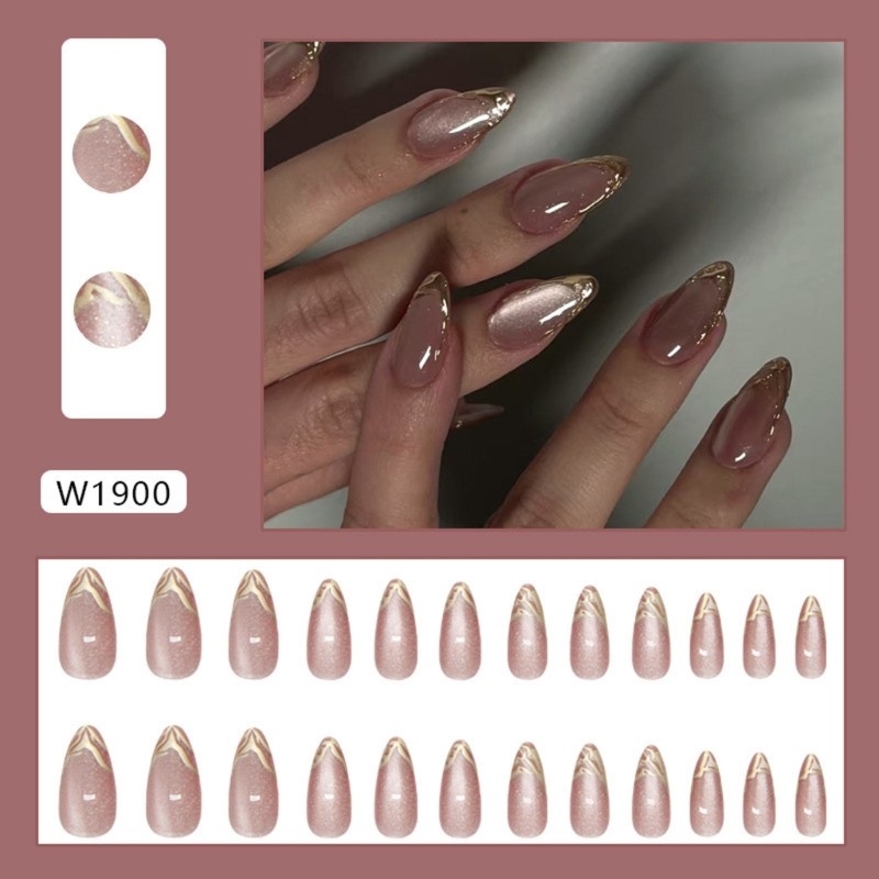 Press on Nail Almond Fake Nail with Sequins Designs Cats Eye On Nail