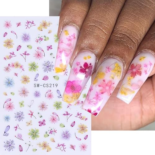 Flower Nail Stickers for Nail Art Spring Nail Decals 6PCS 3D Blue Purple Pink