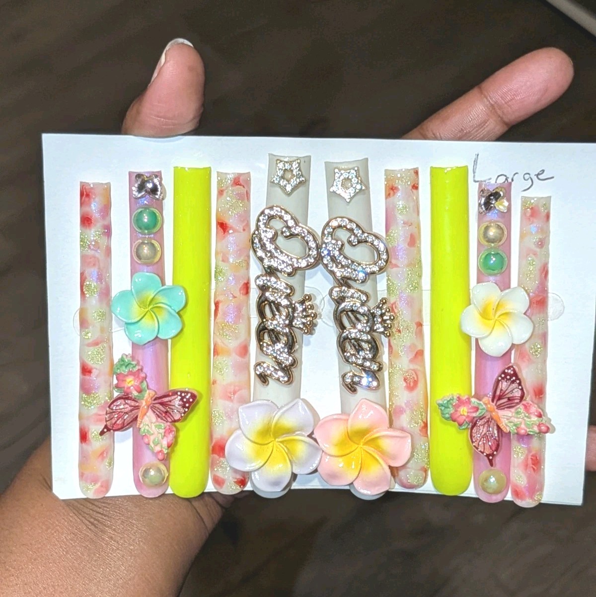 Handmade 6XL Tropical Floral Rhinestone Press-On Nail Set – Yellow, Pink, White
