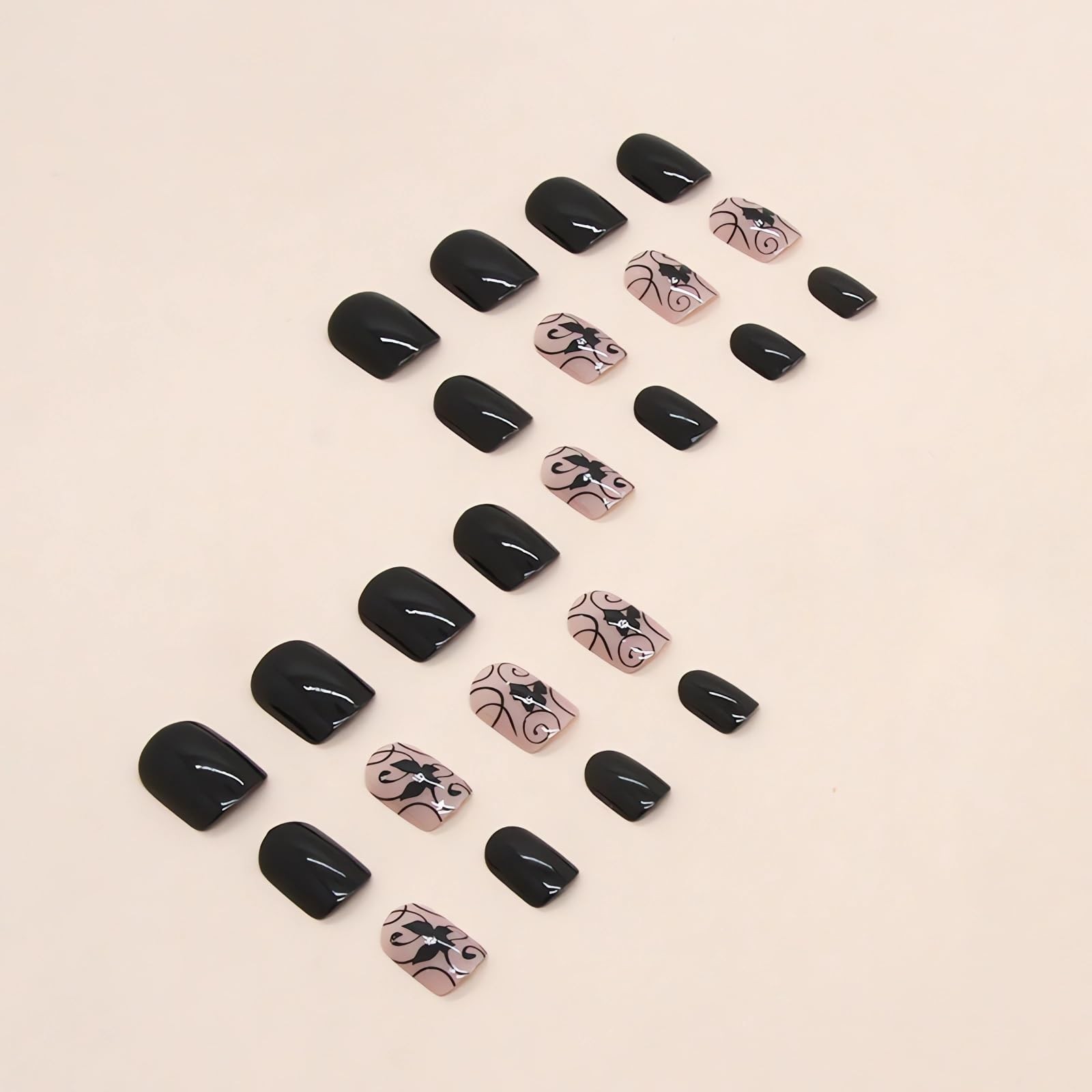 Extra Short Press on Nails Square Black Fake Nails Glossy Acrylic Glue on Nai…