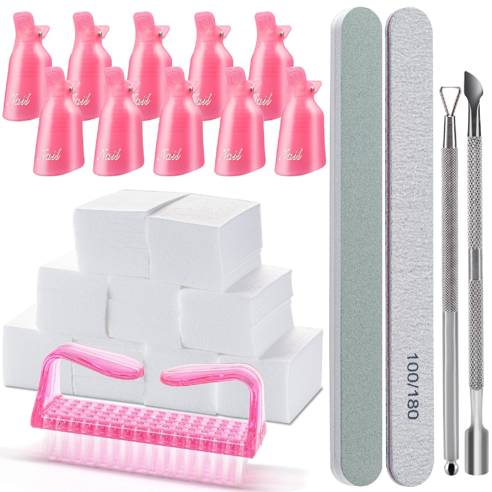 Gel Nail Polish Remover Tools Kit, with 10 Pcs Clips, 400 Lint Pink