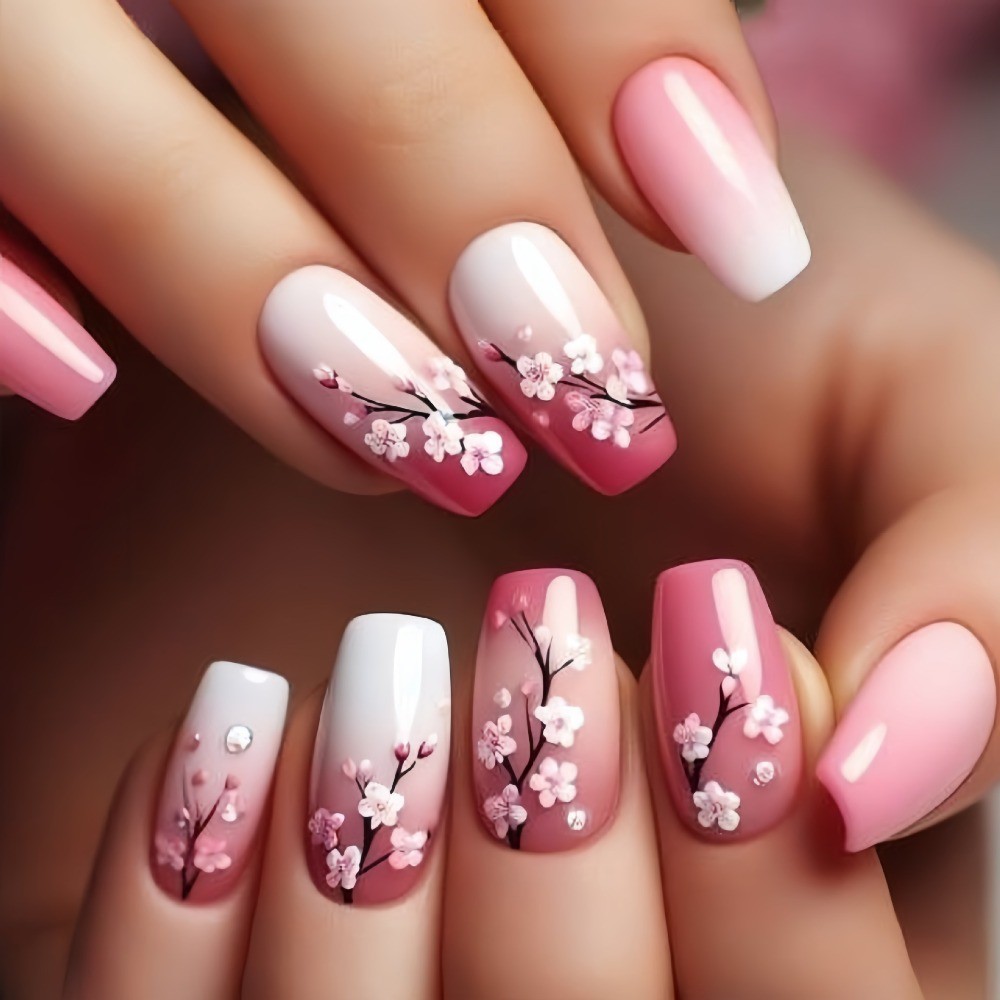 Floral Glossy, Long, Ballet-style, 24pcs Nail Tips, Detachable, Press-on Nails