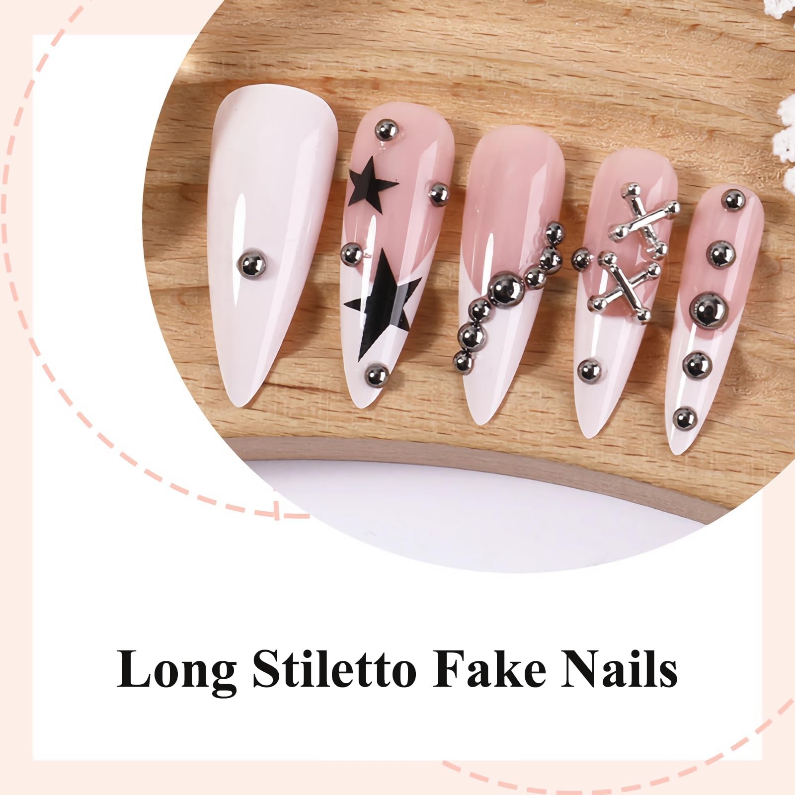 Press on Nails – Long Stiletto Fake Nails with White French Tip, Acrylic Goth…