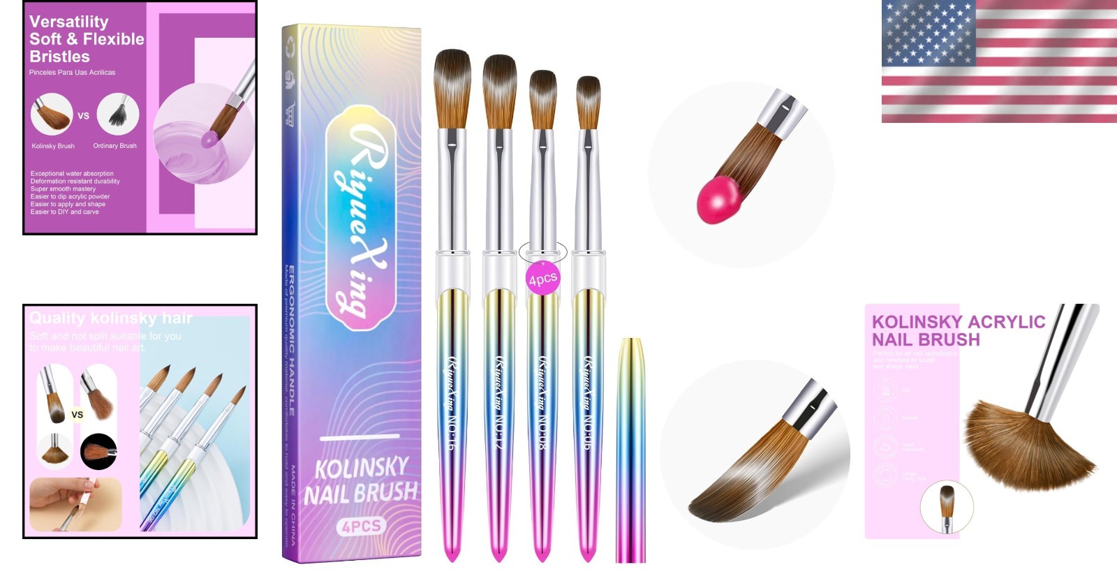 4PCS Acrylic Nail Brush Set, 6/8/12/16. Kolinsky Nail Art Brushes for Applicatio