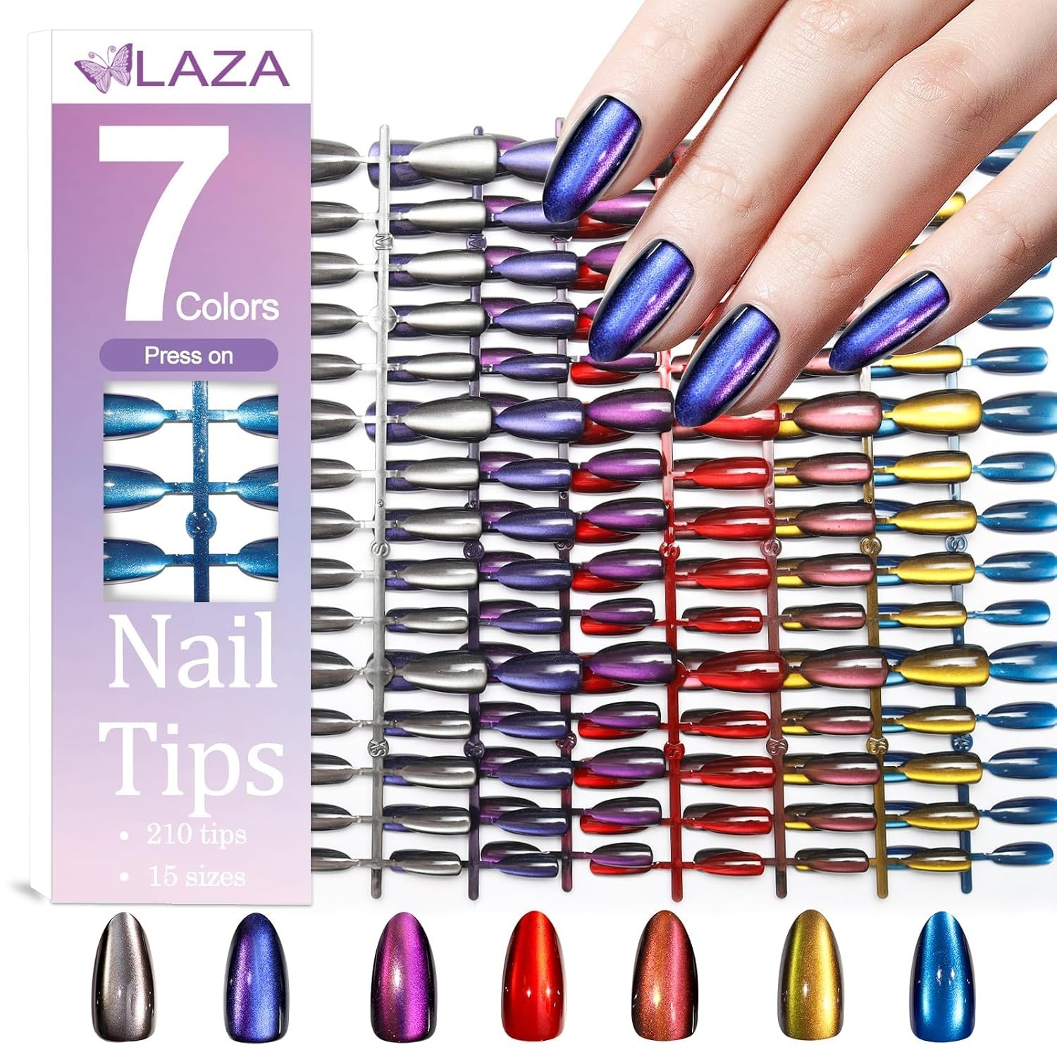 210pcs Cat Eye Press on Nails Almond 7 Colors Galaxy Acrylic Fake Nail | Reus…