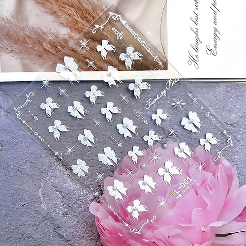 Lace Bow-Knot Nail Art Stickers 5D Embossed White Lace Pearl Bow Nail Stickers