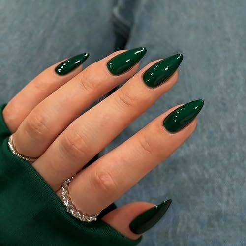 48 Pcs Almond Press on Nails Medium Length, Emerald Green almond dark green