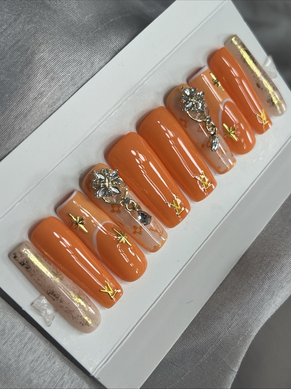 💎 CUSTOM Hard Gel Press On Nails, Orange NUDE , 10p FULL SET W Kit LONG SQUARE