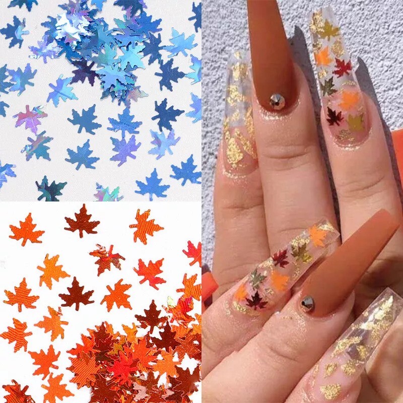 3D Nail Art Sticker Maple Leaves Glitter Flakes Nails Decoration Laser Sequins