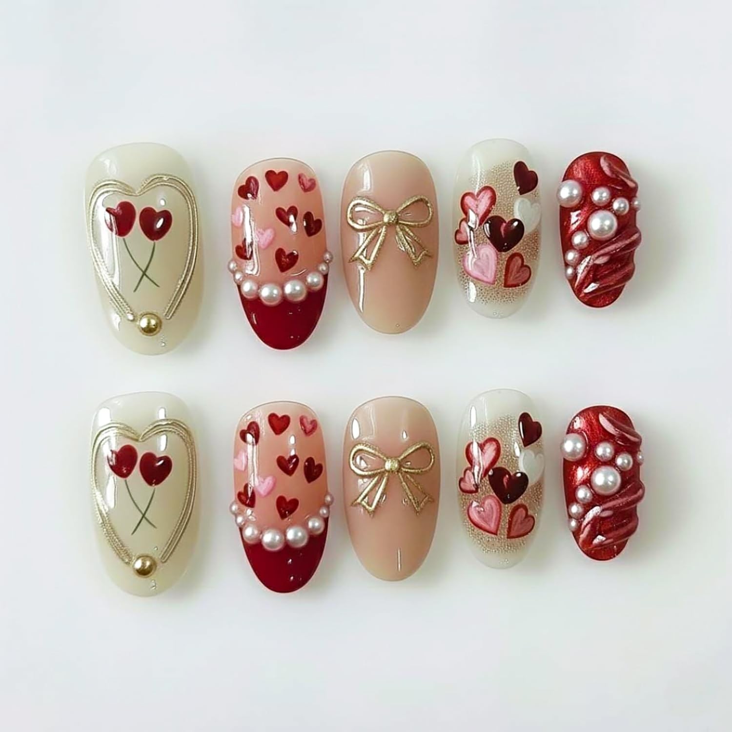 30Pcs Valentines Press on Nails Short Almond Red French Tip Fake Nails with P…