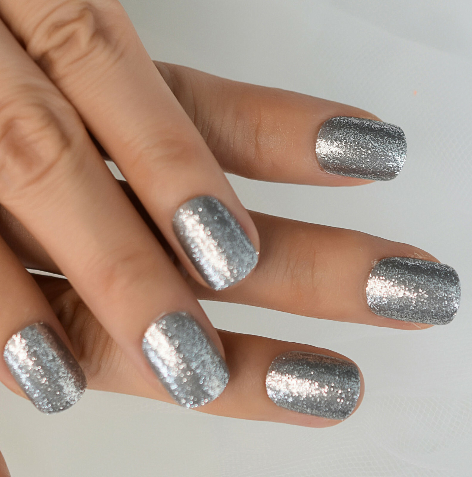 Silver Glitter Short Square Press On Nails – Glue On False Set – 24 pieces Kit