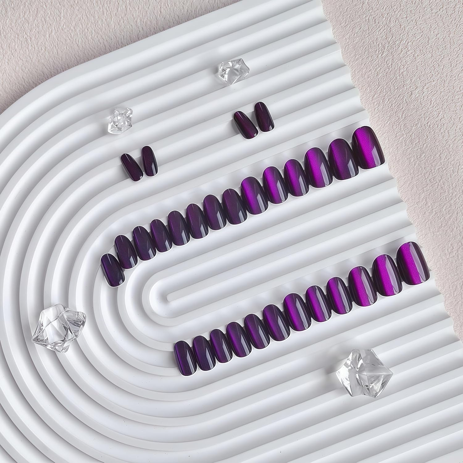 Cat Eye Press on Nails Short Oval, 30 Pcs Dark Purple Fake Nails Extra Short Rou