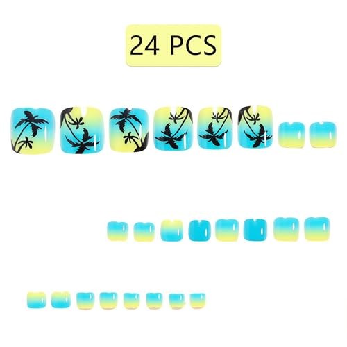 Summer Ocean Press on Toes Nails Short Square Fake Toe Nails with Coconut Trees