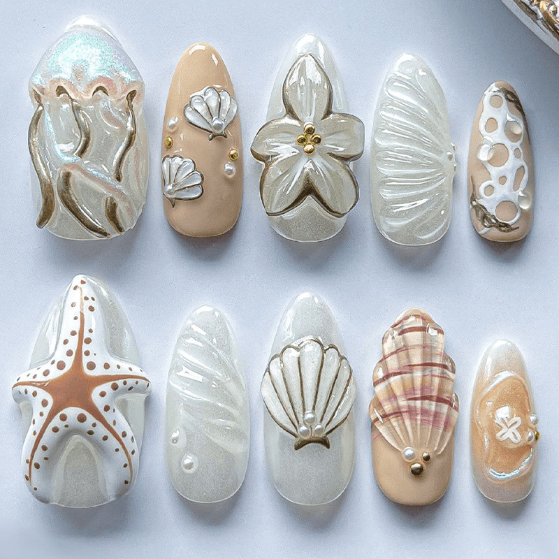 60pieces of Almond Shaped Ocean Relief Wearing Armor, Three-dimensional Nail Art