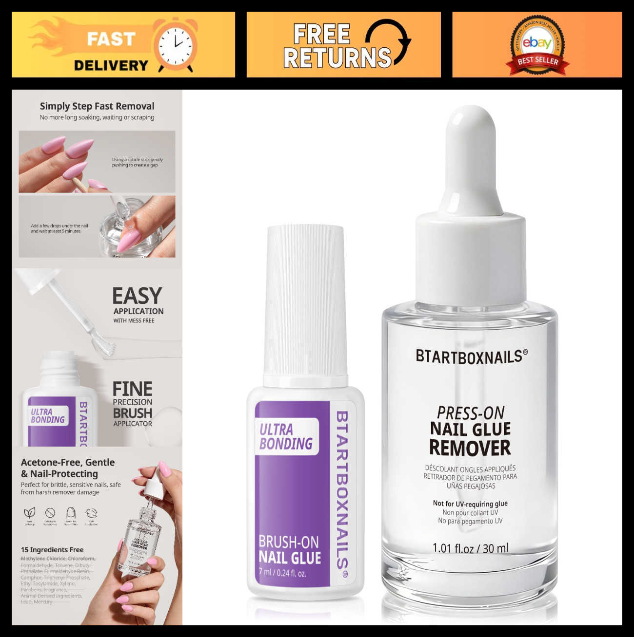 Nail Glue & Remover Set – Acetone-Free, Odorless, Gentle, Quick Apply for Press-