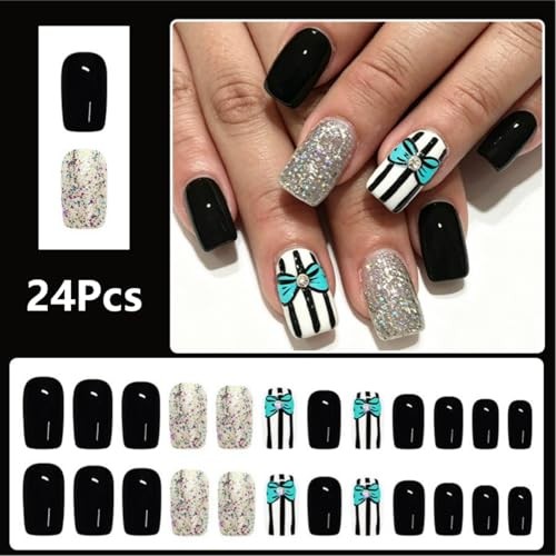 Blue Bow Rhinestone Design – Cute Press on Nails – Short Square Nails – Size a6