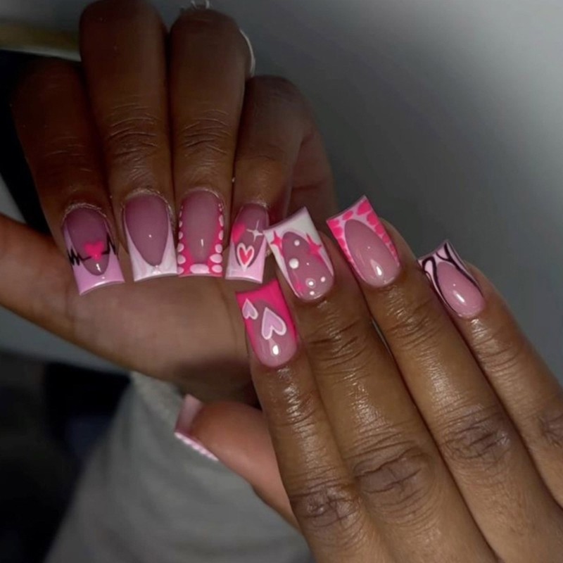 Lovely Pink Heart Designs Press on Nail Medium Square Nail for Fashion Women