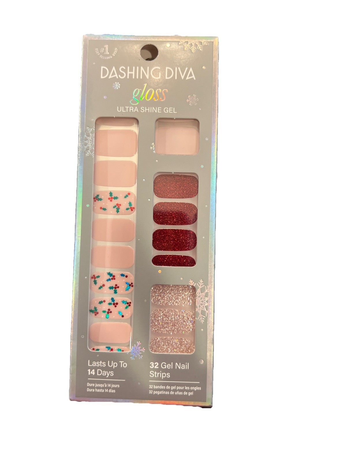 Dashing Diva Gloss Gel Nail Strips Hollywood Red Glitter Xmas Holly 32ct