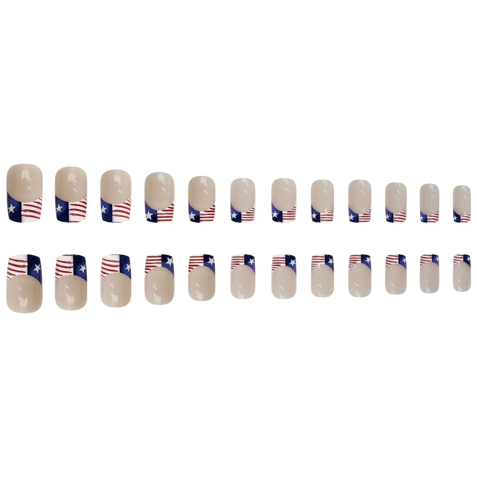4th of July Press on Nails Medium Square French Tip Fake Nails Nude Full Cove…