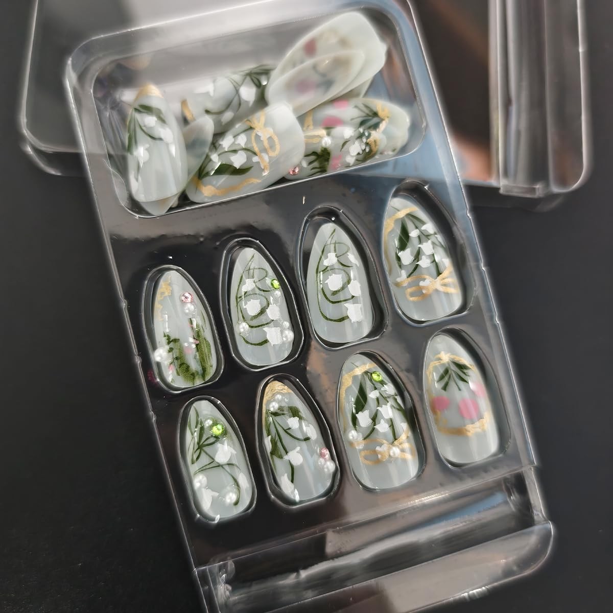 24Pcs Orchid Flower Press on Nails Almond 0.25 Fl Oz (Pack of 24), Multicolor