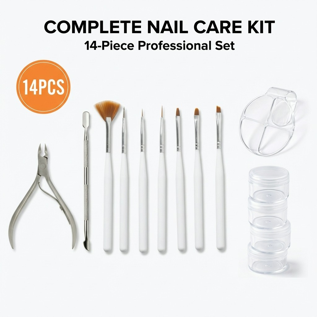 Nail Art Tool Set 7 Brushes Nipper Pusher Palette 4 Jars Manicure Kit