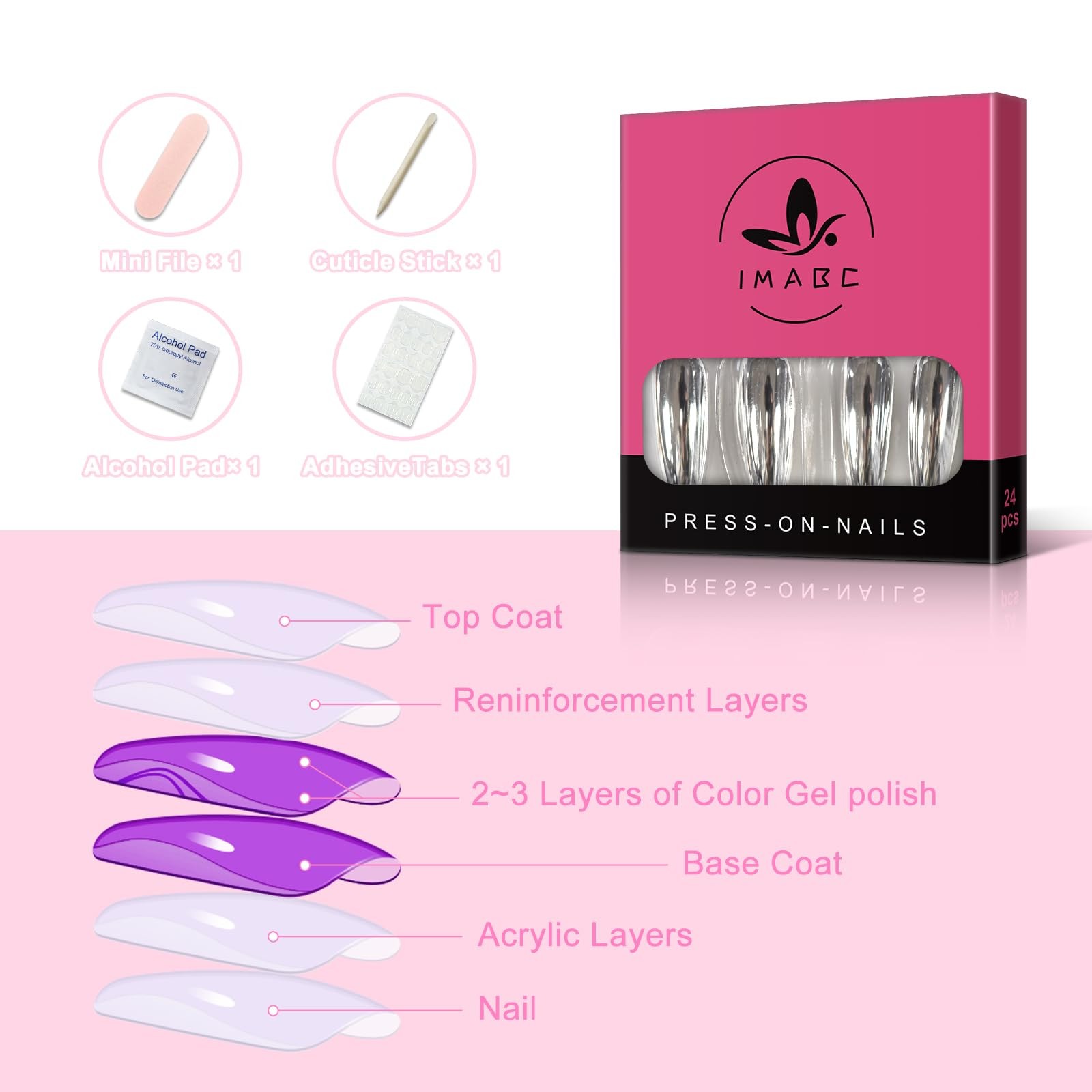 iMABC Silver Punk Metallic Press On False Nails Long 26 Piece Set,